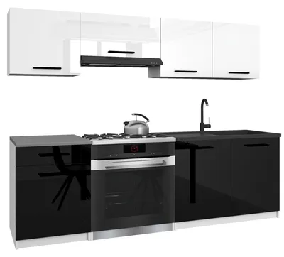 Produktbild von Belini Moderne Küchenzeile Küchenblock ITALIA 1 - Küchenmöbel 180cm Weiß-Schwarz Hochglanz - Einbauküche mit Hängeschränke, Unterschränke & Arbeitsplatten