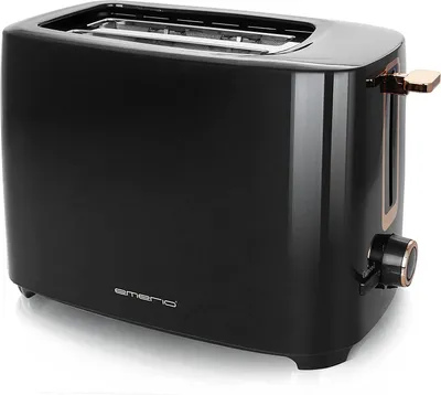 A black toaster with gold accents is shown against a white background.