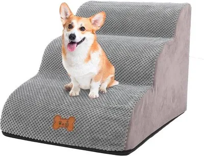 Produktbild von Famanu Hundetreppe 3 Stufen 40 cm hoch - Abnehmbare waschbare weiche Schaumstoff-Treppe - Rutschfeste Katzentreppe für Bett und Sofa