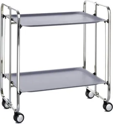 A two-tiered serving cart with a chrome frame and gray trays, shown against a white background.