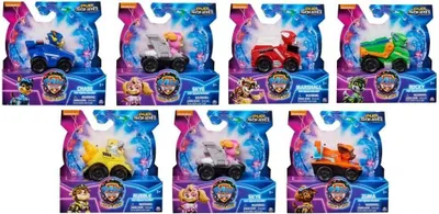 A collage of Paw Patrol Pup Squad Racers toys in their packaging.