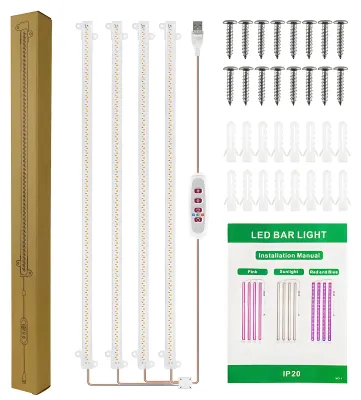 Image de Bandes lumineuses LED pour la culture des plantes, 8 W, 84 + 84 LED, 22,7 lm, lampe de culture puissante avec minuterie 8 h/12 h/16 h, 5 niveaux de luminosité réglables, pour serre, culture hydroponique et plantes succulentes, 4 barres