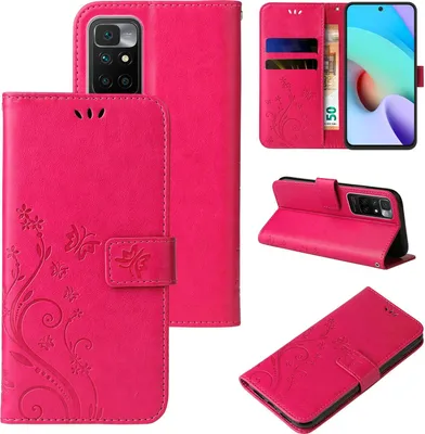 Produktbild von Handyhülle für Xiaomi Redmi 10 Floral Blumen Schmetterling Flip Cover Hülle Case Klapphülle Handytasche Farbe: Pink