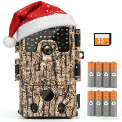 Produktbild von Wildkamera 4K Video Wildtierkamera 48MP mit 32GB Karte & 8 Batterien Bewegungssensor Nachtsicht Nachtsichtkamera 120° Weitwinkel  Jagd