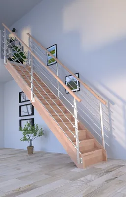 Zdjęcie produktu dla Schody drewniane Mykonos proste - konstrukcja bukowa - balustrada ze stali nierdzewnej - po obu stronach - z podstopnicami