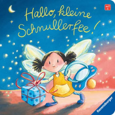 A cartoon illustration of a fairy holding a gift and a pacifier, with stars and a moon in the background.