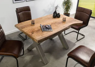 Produktbild von MASSIVMOEBEL24 Baumtisch Mango 140x90x77 natur lackiert / X-Beine silber matt FREEFORM 5
