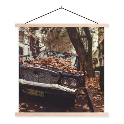 Produktbild von MuchoWow® Textilposter Auto - Herbstblätter - Landleben 60x60 cm mit holzfarbenen Rahmen - Wanddekoration