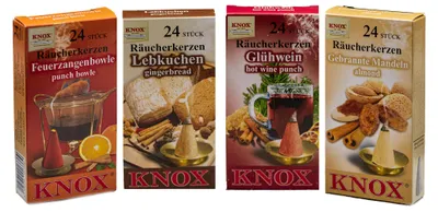 Produktbild von KNOX 4er Set Räucherkerzen Gebr. Mandel / Feuerzangenbowle / Glühwein / Lebkuchen - Inhalt jeweils 24 Stück, Größe M (Standard) - 078600