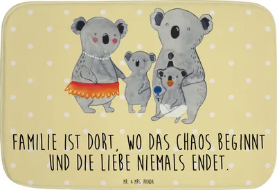Produktbild von Mr. & Mrs. Panda Badteppich Koala Familie - Gelb Pastell - Geschenk, Muttertag, Badezimmerteppich, Badematte, Mama, Badvorleger, duschmatte, Koalas, Badläufer, Kinder