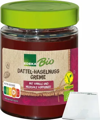 Produktbild von Edeka  Dattel- Haselnuss Creme mit Vanille und Meersalz (240g Glas) + usy Block