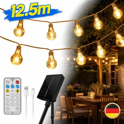 Produktbild von Solar Lichterkette Außen 12.5m Warmweiß 8 Modi Garten Deko Retro Hanfseil LED