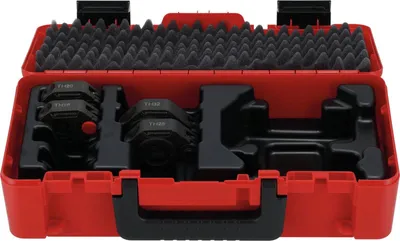 A red plastic case containing black press ring tools and foam padding.