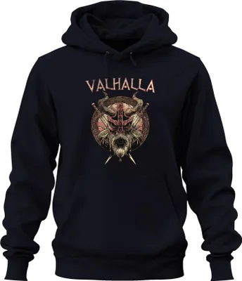 Produktbild von Valhalla Wikingerhelm Schwerter Runenkreis Nordische Mythologie Uni Hoodie Kapuzenpullover, Navy, XL