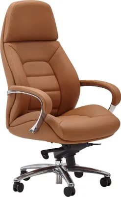 Bürostuhl Echtleder Caramel Chefsessel in Beige mit gepolsterter Rückenlehne, Armlehnen und Chromfuß in Gesamtansicht.