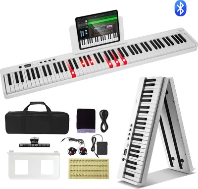 Produktbild von VEVOR 88-klawiszowe składane pianino, Bluetooth i MIDI, przenośne elektroniczne składane pianino cyfrowe z kieszenią na pedał sustain, klawisze dotykowe, słuchawki, akumulator, białe