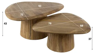 Produktbild von dreieckiges Wave Couchtisch Set aus massiver Mango in Sand, B 93 x T 72 x H 45 cm mit Ablageflächen und gerillten Säulenfüßen