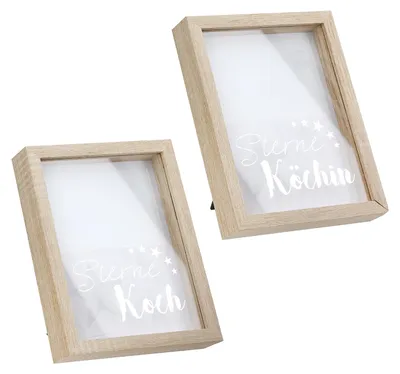 Zdjęcie produktu dla Gilde Fotorahmen, rechteckig, "Sternekoch/Sterneköchin", Schriftzug, MDF, naturfarben, VE 4, 2fach sortiert, L. 3,5 cm, B. 19,5 cm, H. 24,5 cm