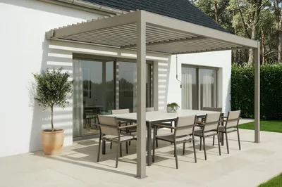 Produktbild von PIANA 4x3m angebauter, bioklimatischer Pergola in taupefarbenem Aluminium