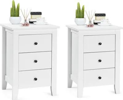 Zdjęcie produktu dla Zestaw 2 stolików nocnych COSTWAY z 3 szufladami, szafka nocna do łóżka z materacem sprężynowym, stolik boczny, komoda nocna do salonu, sypialni, biały, 46 x 37 x 65 cm