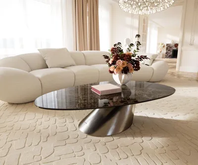 Produktbild von DELIFE Couchtisch Edge Oval 140x75 cm Keramik Emperador Extra Lucidato Dunkelbraun Conis Edelstahl gebürstet