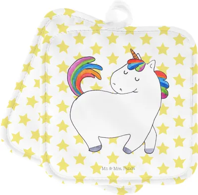 Produktbild von Mr. & Mrs. Panda Topflappen Einhorn Stolzieren - Weiß - Geschenk, Unicorn, Set, Topfuntersetzer, Einhörner, Ofenlappen, Stolz, Kochlappen, topfhalter, Pferd