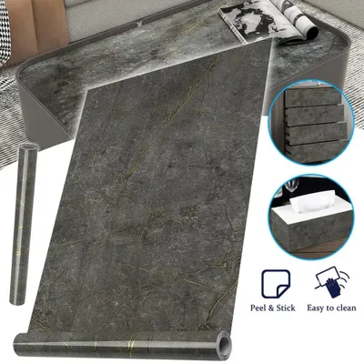 Image de Autocollants muraux effet marbre - Film adhésif pour murs, en rouleau - PVC - Étanche - Gris - Pour salle de bain, chambre à coucher et salon