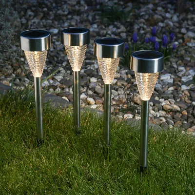 Produktbild von LED Solar Wegleuchten mit Erdspieß - Edelstahl - warmweiße LED - H: 29,5cm - silber - 4er Set