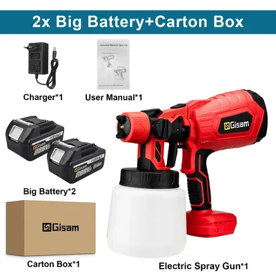 Produktbild von Elektrische Farbspritzpistole - Kabelloses HVLP Farbsprühsystem - 2 große Akkus - 1000 ml Behälter - 1,8 mm Düse - 30000 U/min Motor - EU-Stecker - Rot