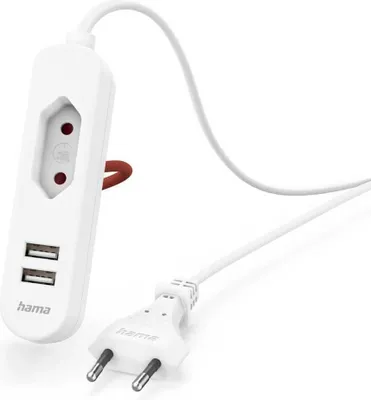 A white USB power adapter with a European plug and a red accent.
