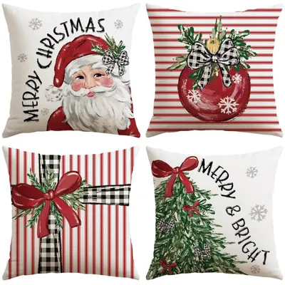 Produktbild von Weihnachten Kissenbezüge 4er Set 40x40cm Weihnachtsmann Weihnachtsbaum Rot Polyester