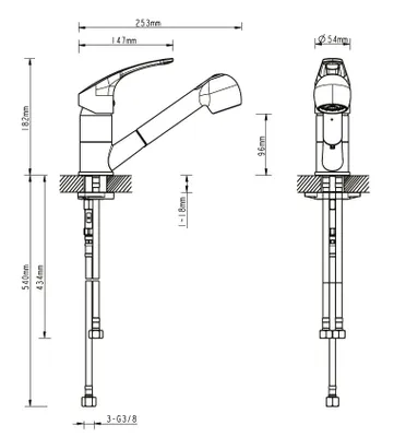 Technical drawing of a kitchen faucet with dimensions and connection details.