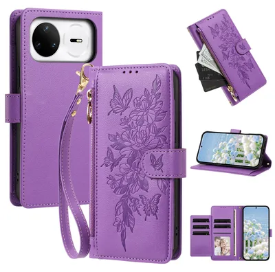 Produktbild von Handyhülle für Huawei Nova 15 Pro 16 Pro 15 Ultra 16 Ultra, Wallet Case Kunstleder mit Kartenfächern, Reißverschluss und Handschlaufe Lila