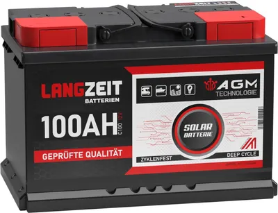 Produktbild von LANGZEIT AGM Batterie 100Ah 12V Blei, Solar, Wohnmobil, Boot, 278x175x190mm (LxBxH inkl. Pole), wartungsfrei, kipp- & auslaufsicher, 4-6x höhere Zyklenfestigkeit, für Dualbetrieb (Antriebs- & Bordnetz), erhöhte Ladekapazität, hohes Dauerstromverhalten, geeignet für AGM Ladegeräte