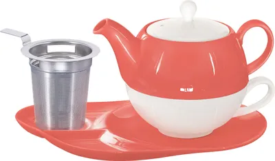 Produktbild von Buchensee Tea for one Set / Teeset Lena, Teekanne 500ml mit Sieb, Teetasse und Ablageteller, coralrot, Crystal Bone China Porzellan