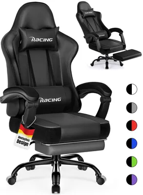 Produktbild von Portreen Gaming Stuhl,Bürostuhl Ergonomischer Gaming Sessel mit Lendenwirbelstütze Fußstütze, gepolstert,Kopfkissen Gaming Stuhl, 150kg Gaming Chair