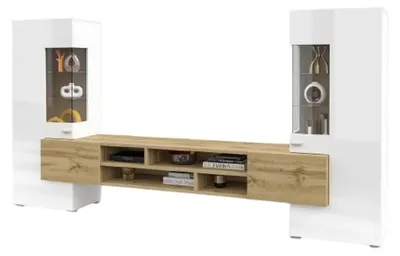 Image de Ensemble meuble TV KOBEE 3 pièces blanc brillant et chêne avec LED 269.8 cm