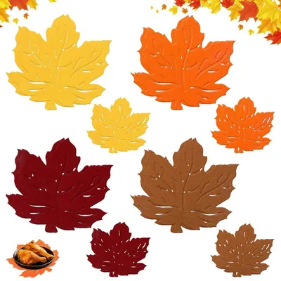 Immagine prodotto di Sottopiatti e sottobicchieri a forma di foglia d'acero, set da 16 pezzi, tovagliette in feltro, decorazioni autunnali per il Ringraziamento