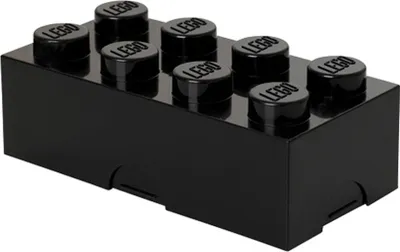 A black LEGO brick-shaped storage box with LEGO logos on the top studs.