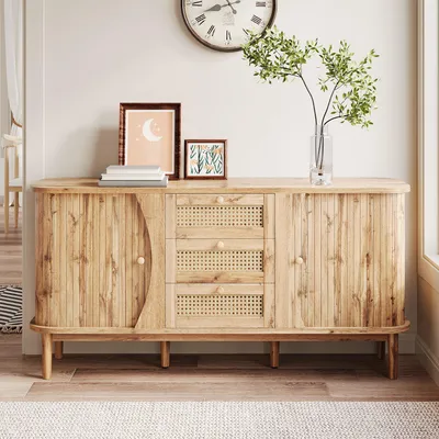 Produktbild von okwish Sideboard Schiebetüren,verstellbaren Einlegeböden und abgerundeter Platte,Kommode mit Rattan,Beistellschrank Natur