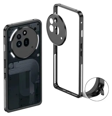 A black metal frame phone case with a separate camera protection piece shown next to a phone with the case on.