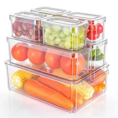 Produktbild von Dyserbuy 7 Stück Kühlschrank Organizer mit Deckel, Transparente Kunststoff Aufbewahrungsbehälter, Stapelbare Aufbewahrungsbehälter Box zum Frischhalten für Obst Gemüse Gefrierschrank Küche