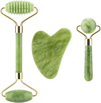 Produktbild von Lamkrtlp Gua Sha Stone, Jade Roller -Set, Gesicht gemacht Jade, Originalmassagegeräte, gerillte Beruhigungen entspannt die Haut