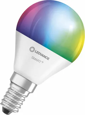 A single LED smart bulb with multiple colors displayed on its glass.