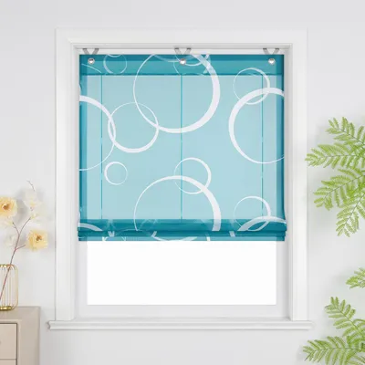 Produktbild von Joyswahl Raffrollo ohne Bohren Voile Raffgardinen mit Kreise Muster Modern Küche Fensterrollo mit Haken Wohnzimmer Transparent Blau BxH: 45x130 cm