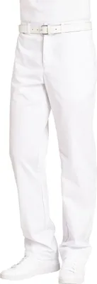 A person wearing white pants and a white belt.
