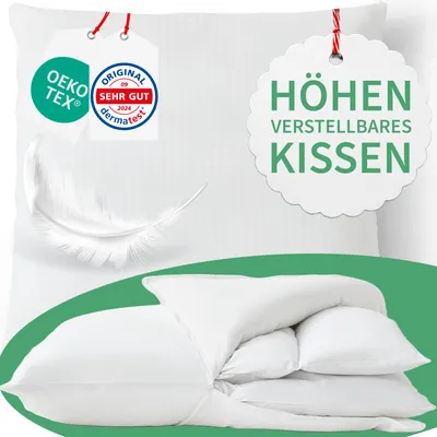 Produktbild von Welldora Premium Kopfkissen 40x40 höhenverstellbar - 100% Daunenfasern & Federn - Ergonomische Innovation: anpassbar fest bis weiches Kissen