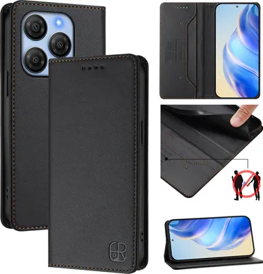 A collage of images showcasing a black leather flip wallet case for a smartphone, with close-ups of its features and a phone inside.