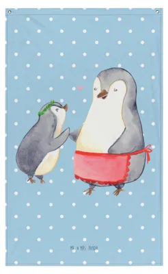 Produktbild von Mr. & Mrs. Panda Tapisserie Pinguin mit Kind - Blau Pastell - Geschenk, Vorbild Mama, Mom, Mutter, Muttertag, Hängedeko, Boho Wandteppich, Tapestry, Wandbild