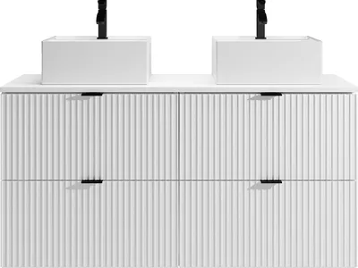 Produktbild von Waschbeckenunterschrank hängend  - Streifenoptik - Weiß matt - Aufsatzwaschbecken eckig - 120 cm - ZEVINI